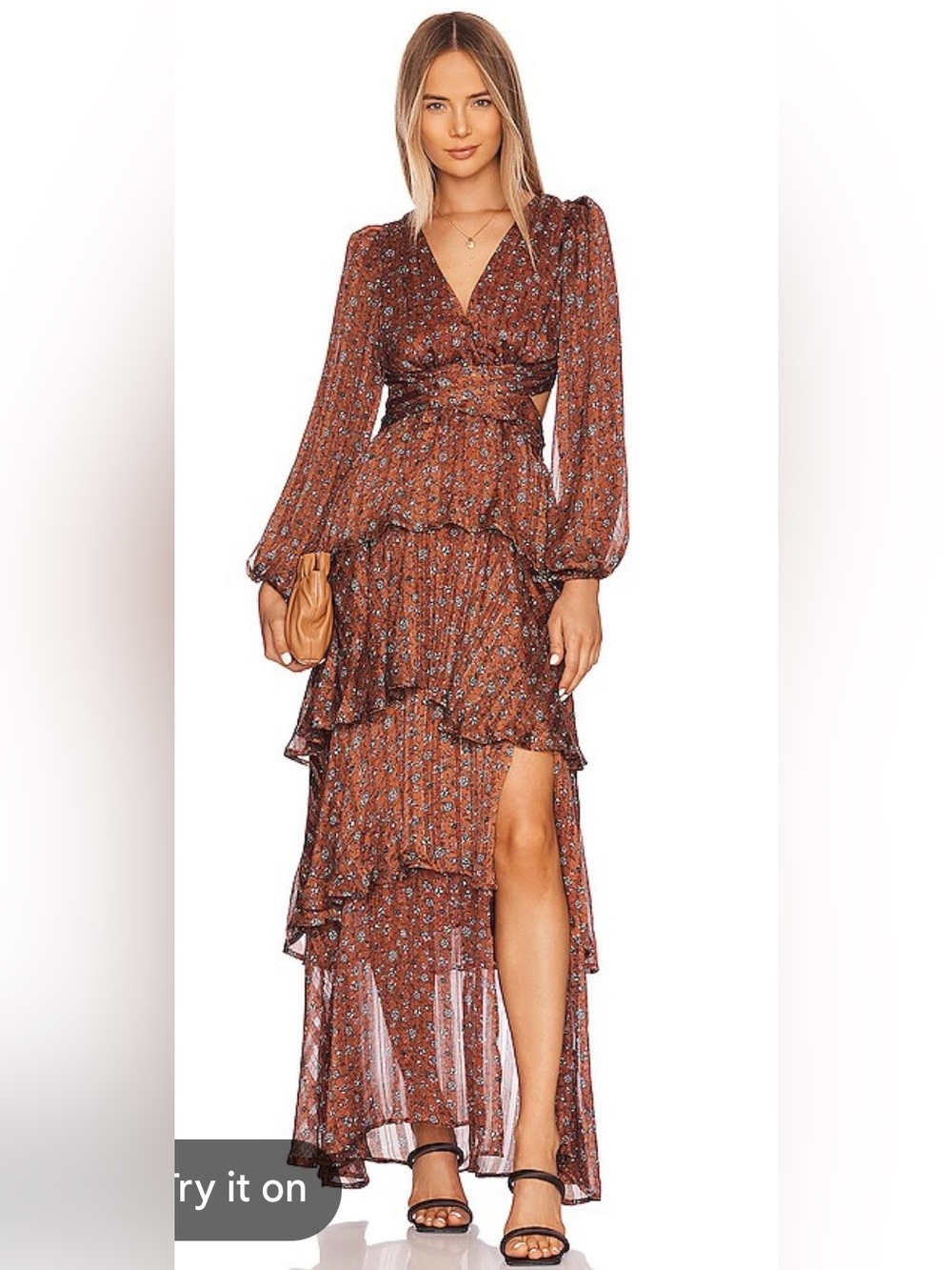 ASTR The Label Anora Tiered Maxi Dress in Copper Black Ditsy